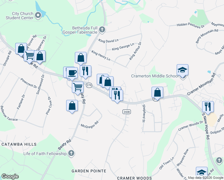 map of restaurants, bars, coffee shops, grocery stores, and more near 3809 South New Hope Road in Gastonia