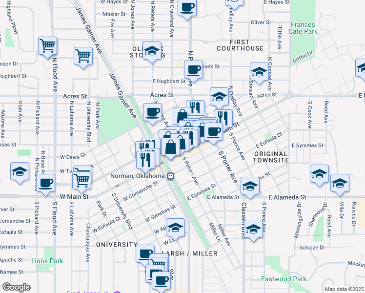 map of restaurants, bars, coffee shops, grocery stores, and more near 200 East Main Street in Norman