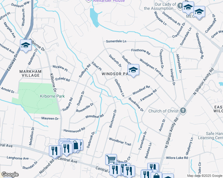 map of restaurants, bars, coffee shops, grocery stores, and more near 2220 Birchcrest Drive in Charlotte