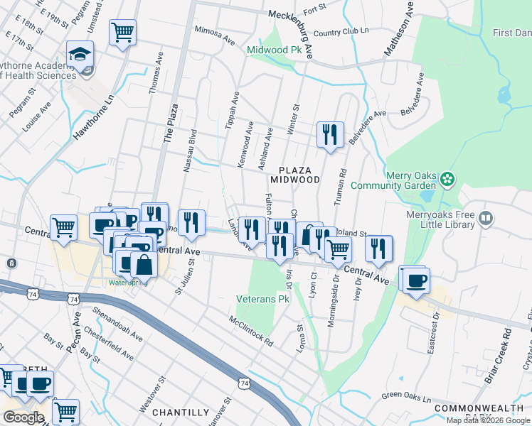 map of restaurants, bars, coffee shops, grocery stores, and more near 1713 Fulton Avenue in Charlotte