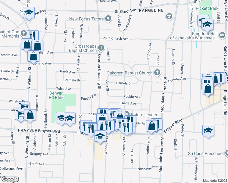 map of restaurants, bars, coffee shops, grocery stores, and more near 2182 Pueblo Avenue in Memphis