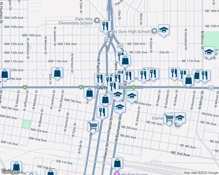 map of restaurants, bars, coffee shops, grocery stores, and more near in Amarillo