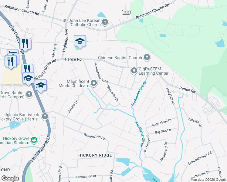 map of restaurants, bars, coffee shops, grocery stores, and more near 6424 Rockshire Drive in Charlotte