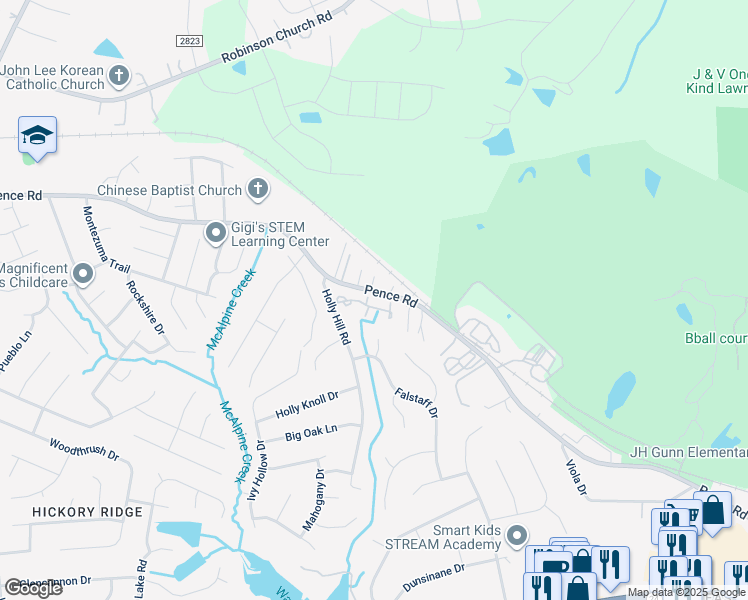 map of restaurants, bars, coffee shops, grocery stores, and more near 7620 Holly Grove Court in Charlotte