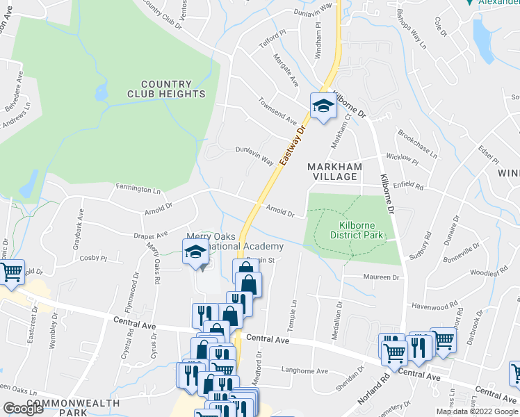 map of restaurants, bars, coffee shops, grocery stores, and more near 2609 Eastway Drive in Charlotte