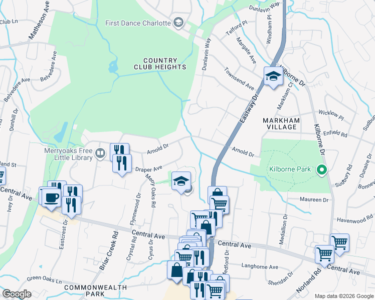 map of restaurants, bars, coffee shops, grocery stores, and more near 3528 Draper Avenue in Charlotte