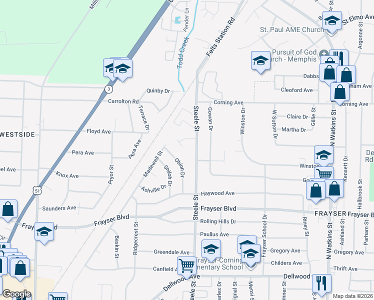 map of restaurants, bars, coffee shops, grocery stores, and more near 3507 Steele Street in Memphis
