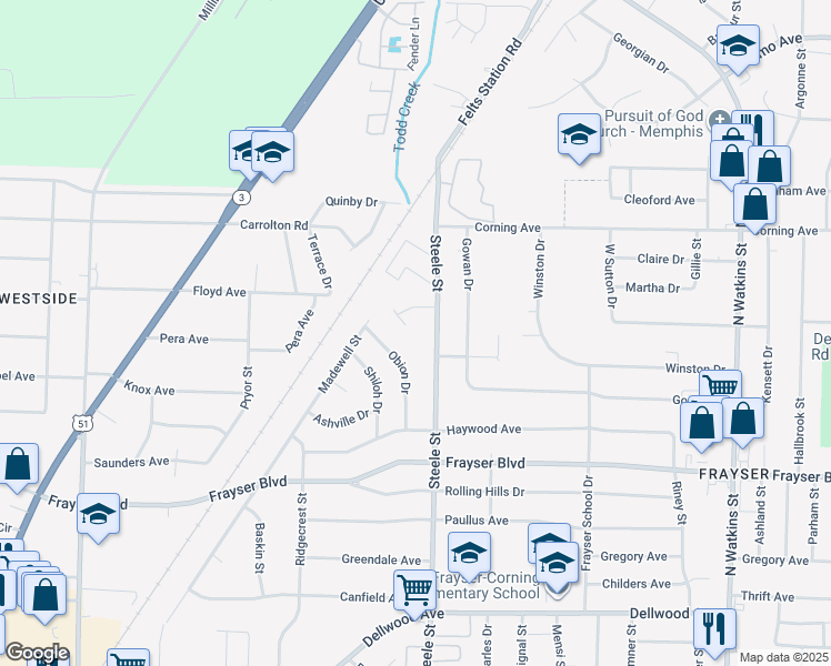 map of restaurants, bars, coffee shops, grocery stores, and more near 3507 Steele Street in Memphis