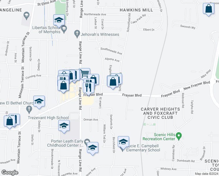 map of restaurants, bars, coffee shops, grocery stores, and more near 2771 Dauphin Avenue in Memphis