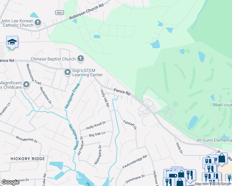 map of restaurants, bars, coffee shops, grocery stores, and more near 7620 Holly Grove Court in Charlotte