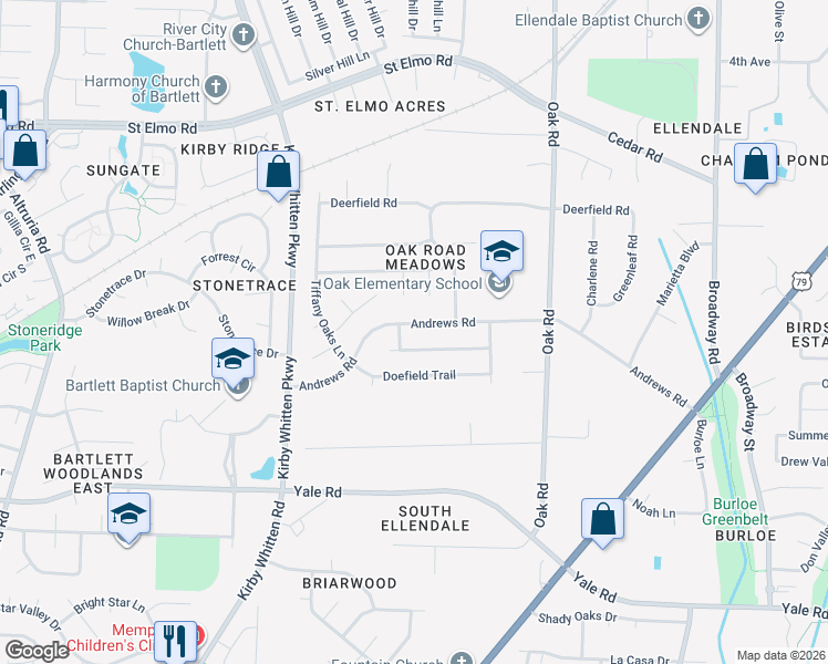 map of restaurants, bars, coffee shops, grocery stores, and more near 6974 Meadowlands Place in Bartlett