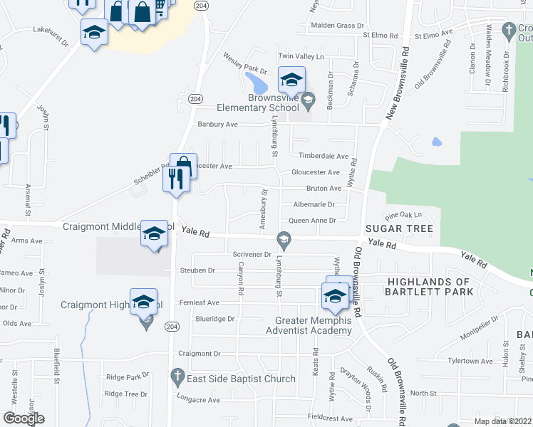 map of restaurants, bars, coffee shops, grocery stores, and more near 3528 Amesbury Street in Memphis