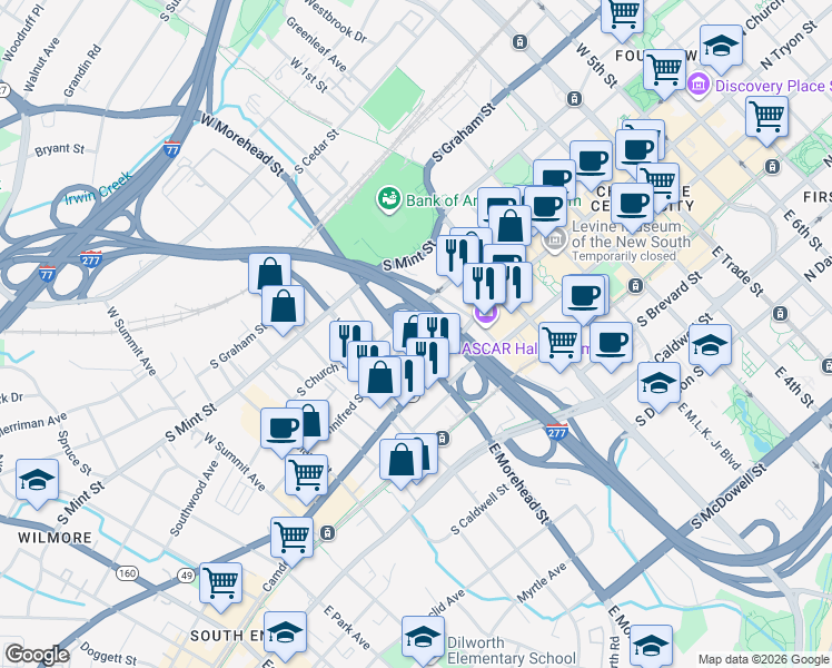 map of restaurants, bars, coffee shops, grocery stores, and more near 130 West Morehead Street in Charlotte