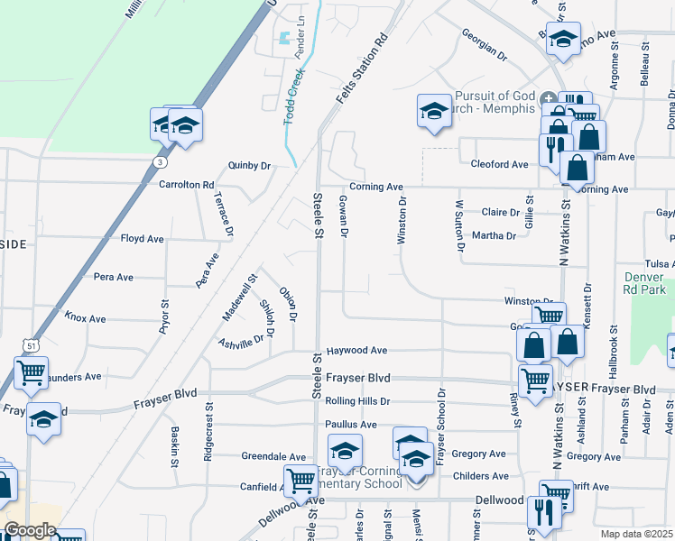 map of restaurants, bars, coffee shops, grocery stores, and more near 3531 Gowan Drive in Memphis