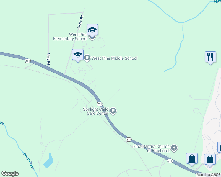 map of restaurants, bars, coffee shops, grocery stores, and more near 187 Horner Lane in Moore County