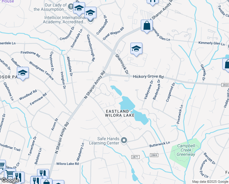 map of restaurants, bars, coffee shops, grocery stores, and more near 5716 Sloping Oaks Road in Charlotte