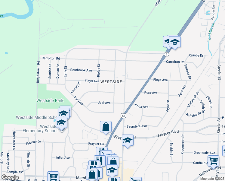 map of restaurants, bars, coffee shops, grocery stores, and more near 3531 Randolph Street in Memphis