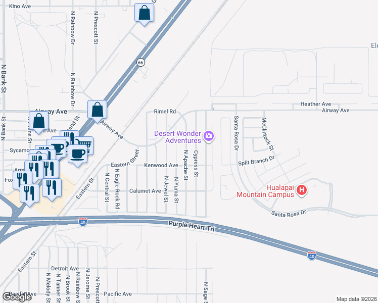 map of restaurants, bars, coffee shops, grocery stores, and more near 3359 Cypress Street in Kingman