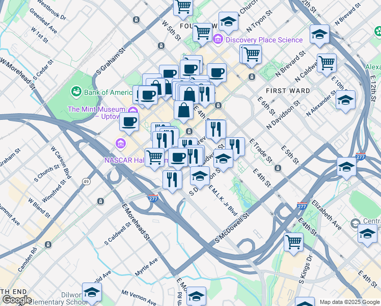 map of restaurants, bars, coffee shops, grocery stores, and more near 400 E Martin Luther King Jr Blvd in Charlotte