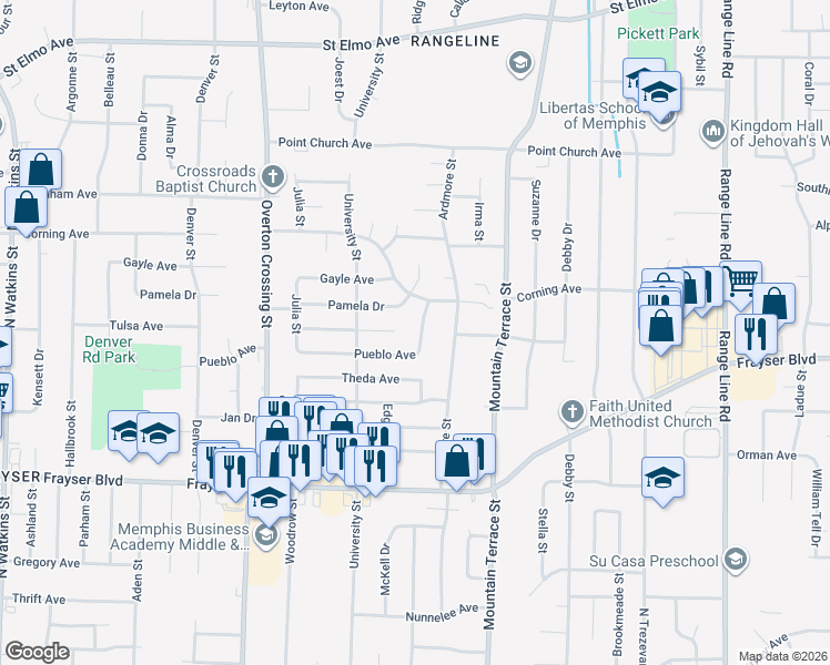 map of restaurants, bars, coffee shops, grocery stores, and more near 2268 Pueblo Avenue in Memphis