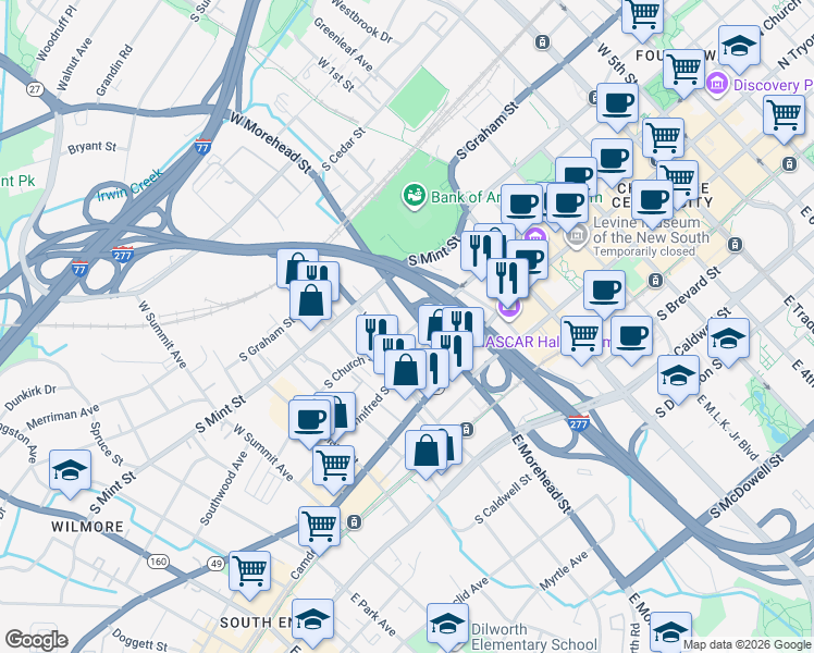 map of restaurants, bars, coffee shops, grocery stores, and more near 135 North Carolina 49 in Charlotte