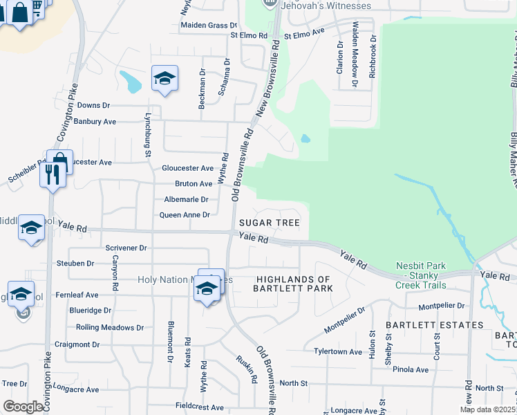 map of restaurants, bars, coffee shops, grocery stores, and more near 5458 Pine Oak Lane in Bartlett