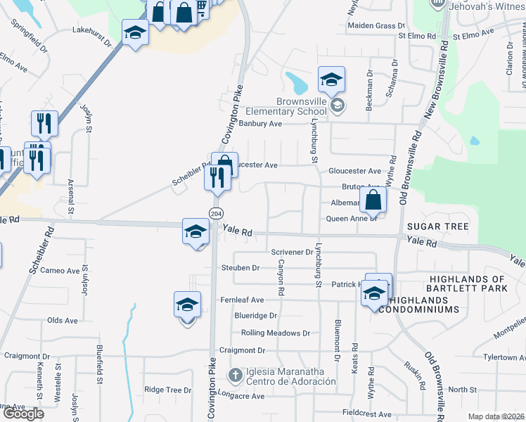 map of restaurants, bars, coffee shops, grocery stores, and more near 5120 Yale Road in Memphis