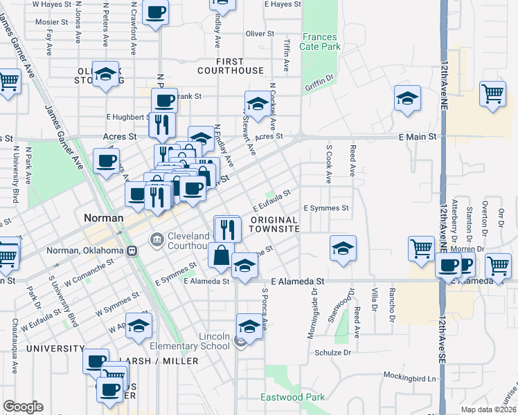map of restaurants, bars, coffee shops, grocery stores, and more near 520 East Eufaula Street in Norman