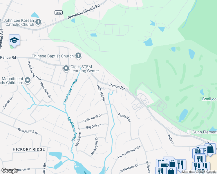 map of restaurants, bars, coffee shops, grocery stores, and more near 7524 Holly Grove Court in Charlotte