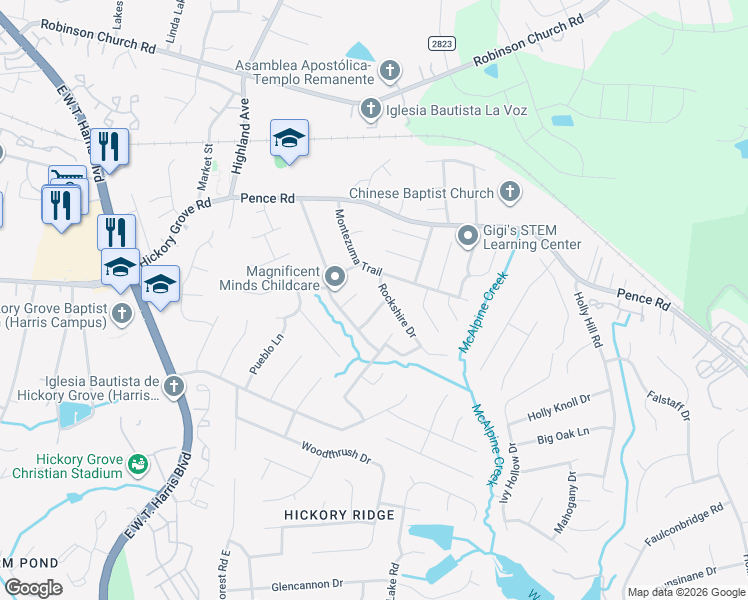 map of restaurants, bars, coffee shops, grocery stores, and more near 6506 Santa Cruz Trail in Charlotte