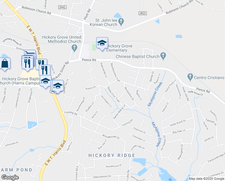 map of restaurants, bars, coffee shops, grocery stores, and more near 6710 Accrington Court in Charlotte