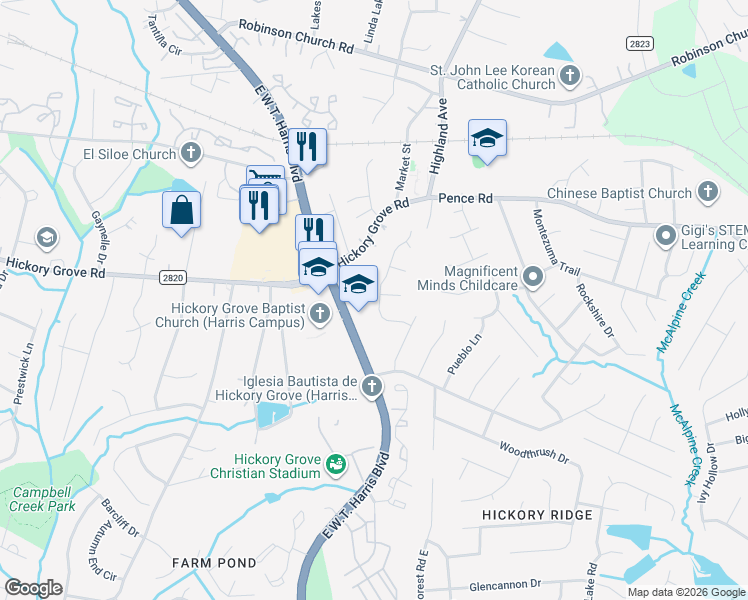map of restaurants, bars, coffee shops, grocery stores, and more near 5827 Carved Oak Circle in Charlotte