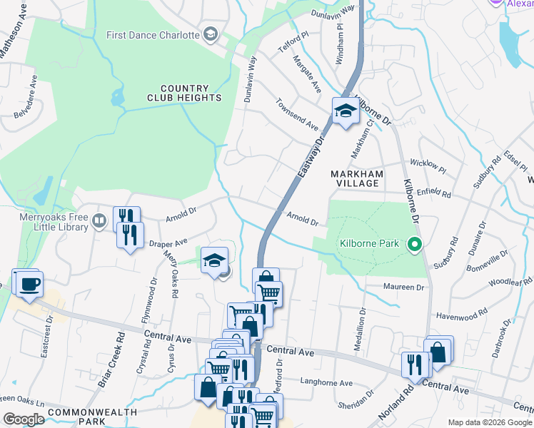 map of restaurants, bars, coffee shops, grocery stores, and more near 2609 Eastway Drive in Charlotte