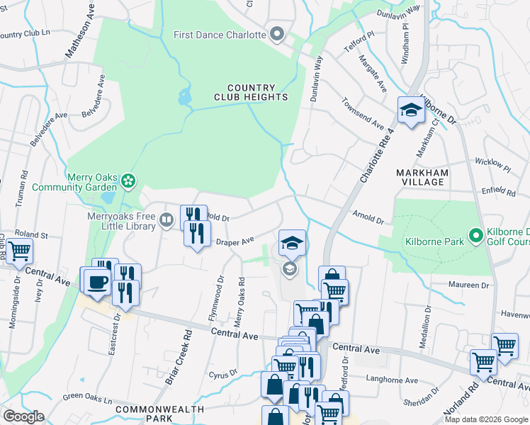 map of restaurants, bars, coffee shops, grocery stores, and more near 3505 Draper Avenue in Charlotte