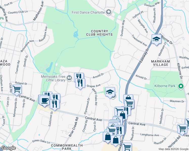 map of restaurants, bars, coffee shops, grocery stores, and more near 2326 Arnold Drive in Charlotte