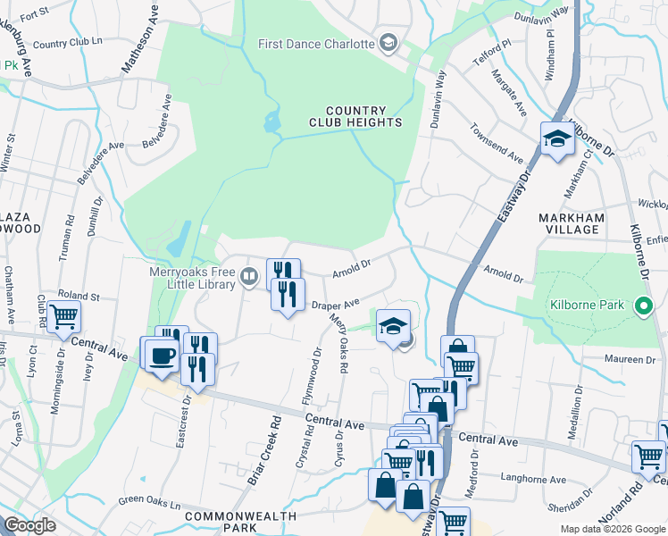 map of restaurants, bars, coffee shops, grocery stores, and more near 2326 Arnold Dr in Charlotte