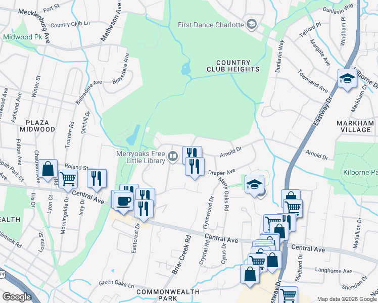 map of restaurants, bars, coffee shops, grocery stores, and more near 3237 Draper Avenue in Charlotte