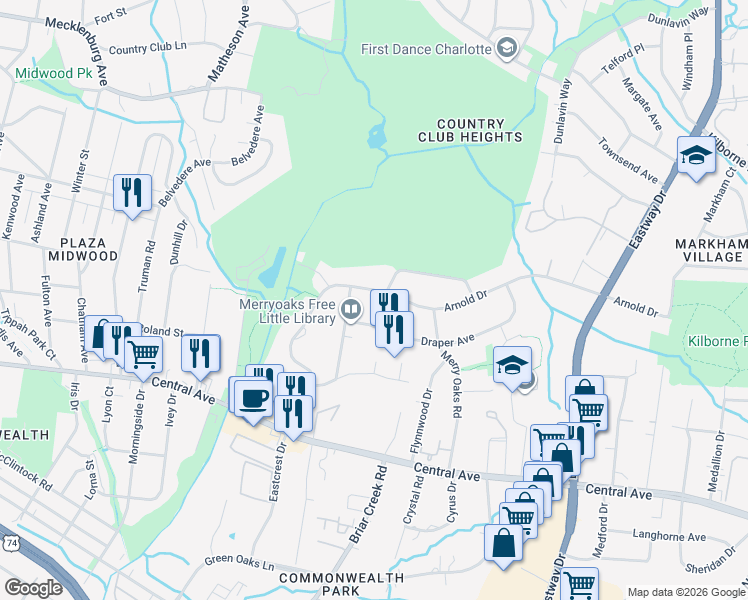map of restaurants, bars, coffee shops, grocery stores, and more near 1904 Graybark Avenue in Charlotte