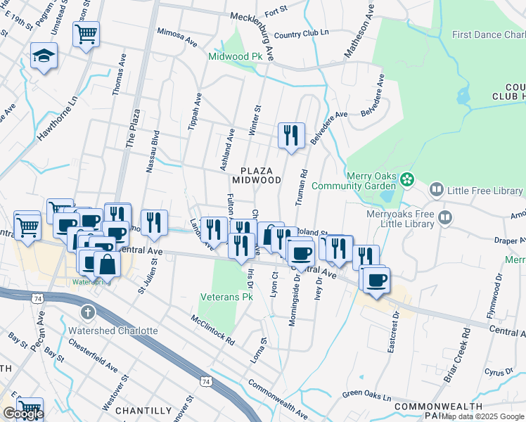 map of restaurants, bars, coffee shops, grocery stores, and more near 1701 Chatham Avenue in Charlotte