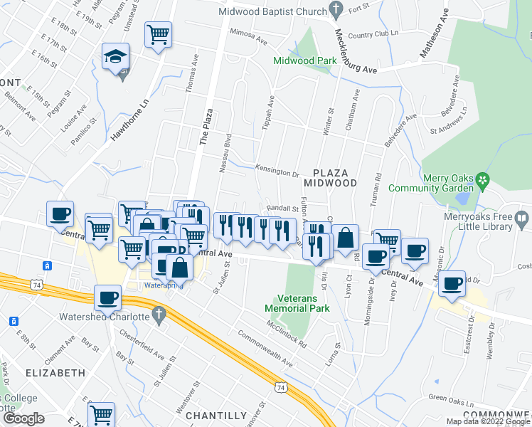 map of restaurants, bars, coffee shops, grocery stores, and more near 1550 Hamorton Place in Charlotte
