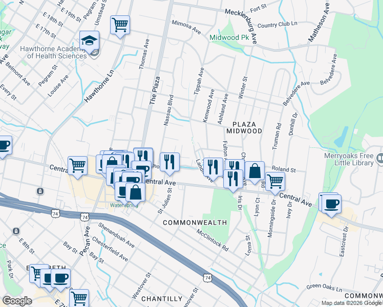 map of restaurants, bars, coffee shops, grocery stores, and more near in Charlotte