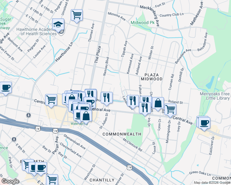 map of restaurants, bars, coffee shops, grocery stores, and more near in Charlotte