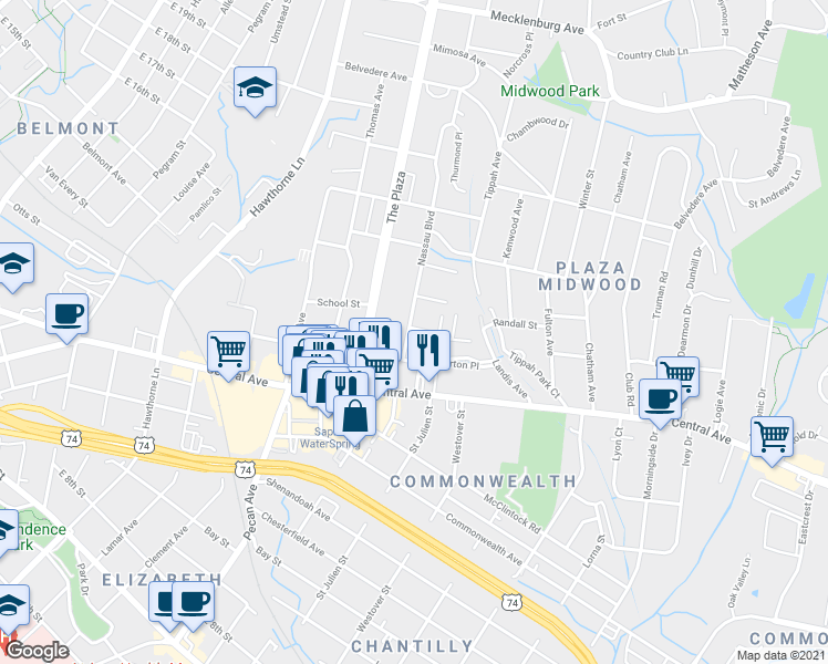 map of restaurants, bars, coffee shops, grocery stores, and more near 1817 Hamorton Place in Charlotte