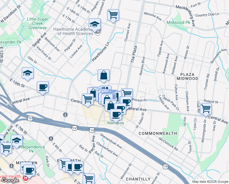 map of restaurants, bars, coffee shops, grocery stores, and more near in Charlotte
