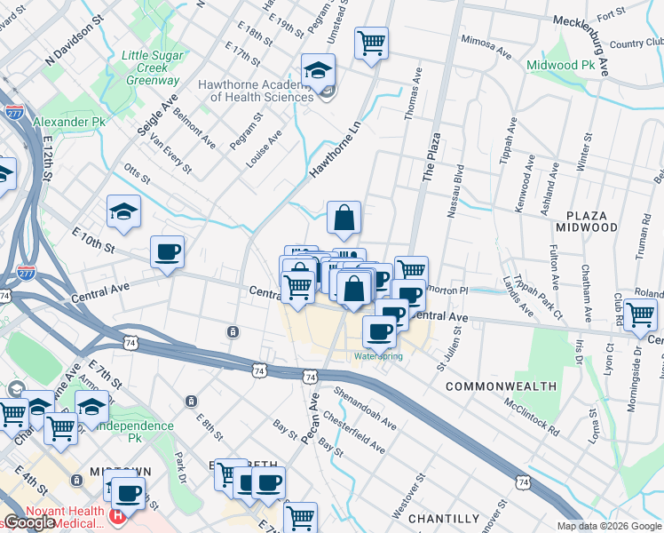 map of restaurants, bars, coffee shops, grocery stores, and more near 1418 Hamorton Place in Charlotte