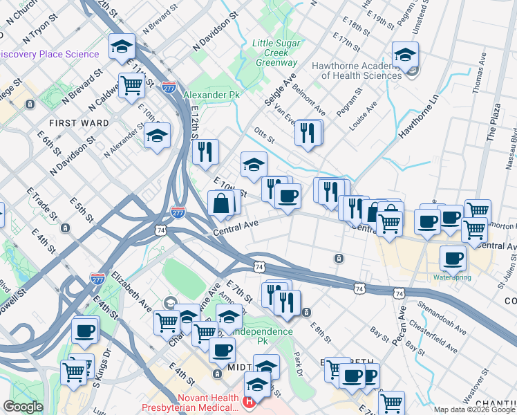 map of restaurants, bars, coffee shops, grocery stores, and more near in Charlotte