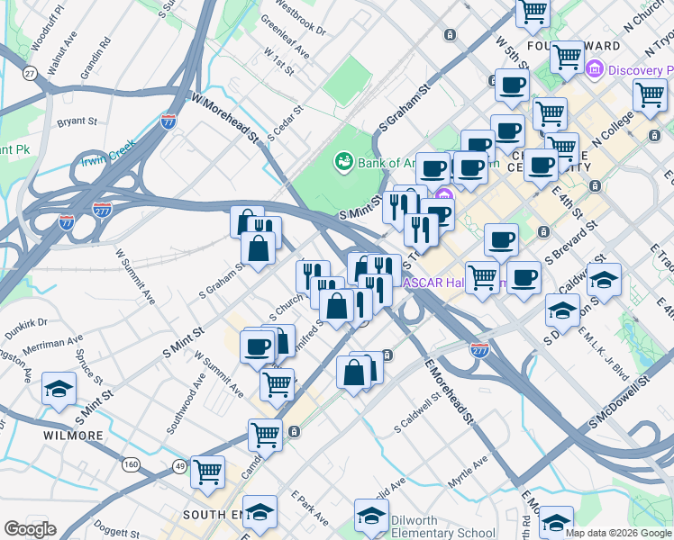 map of restaurants, bars, coffee shops, grocery stores, and more near in Charlotte