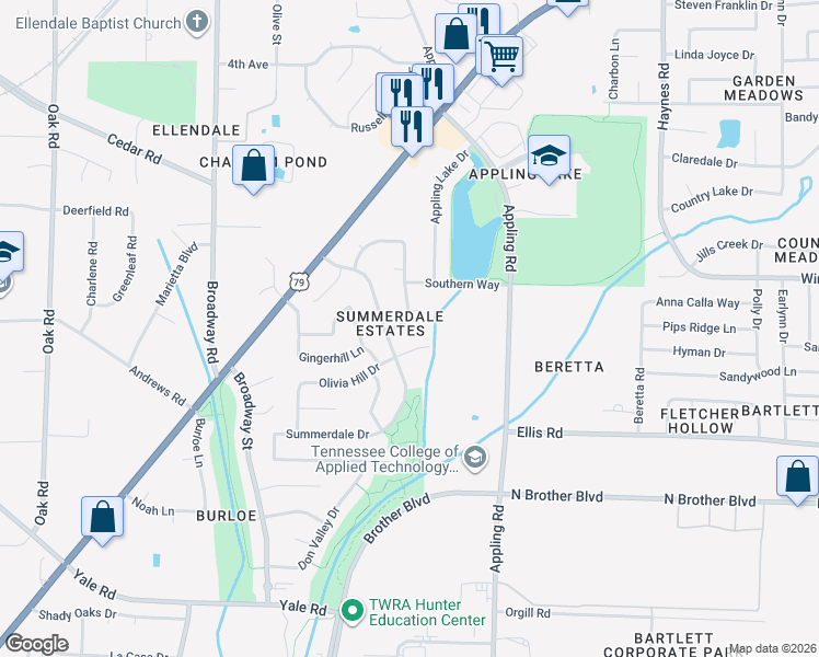 map of restaurants, bars, coffee shops, grocery stores, and more near 7559 Olivia Hill Drive in Memphis
