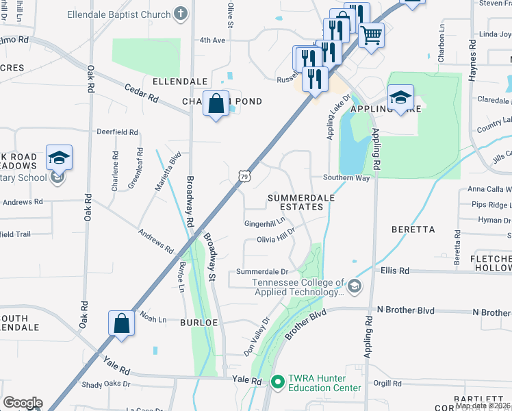 map of restaurants, bars, coffee shops, grocery stores, and more near 7430 Gingerhill Lane in Memphis