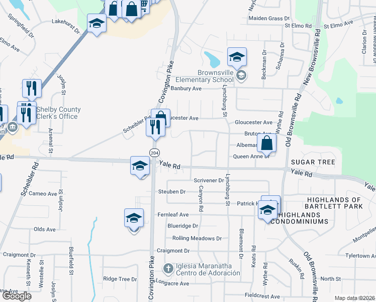 map of restaurants, bars, coffee shops, grocery stores, and more near 5120 Yale Road in Memphis